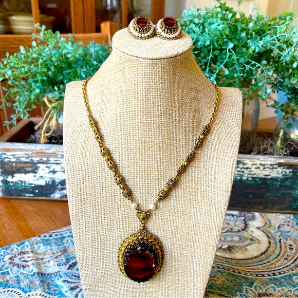 W Germany Necklace & Earrings ornate gilt tortoise color with tiny pearls - Picture 1 of 17